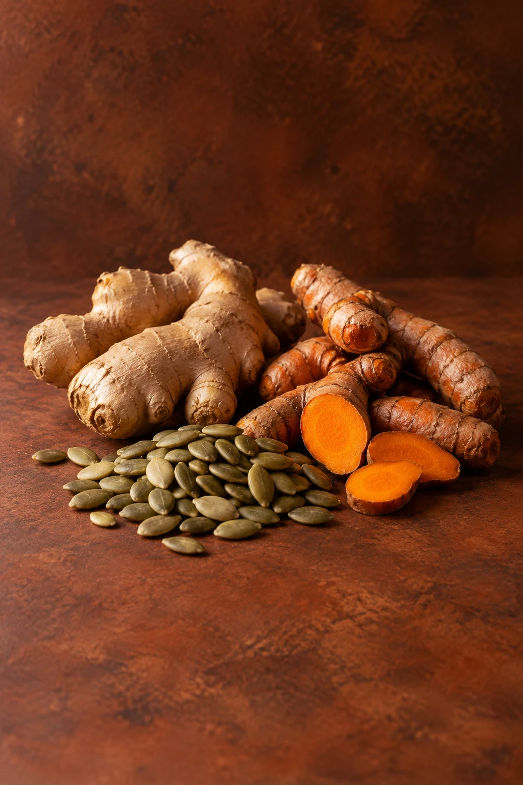 Pumpkin seeds, ginger and turmeric roots